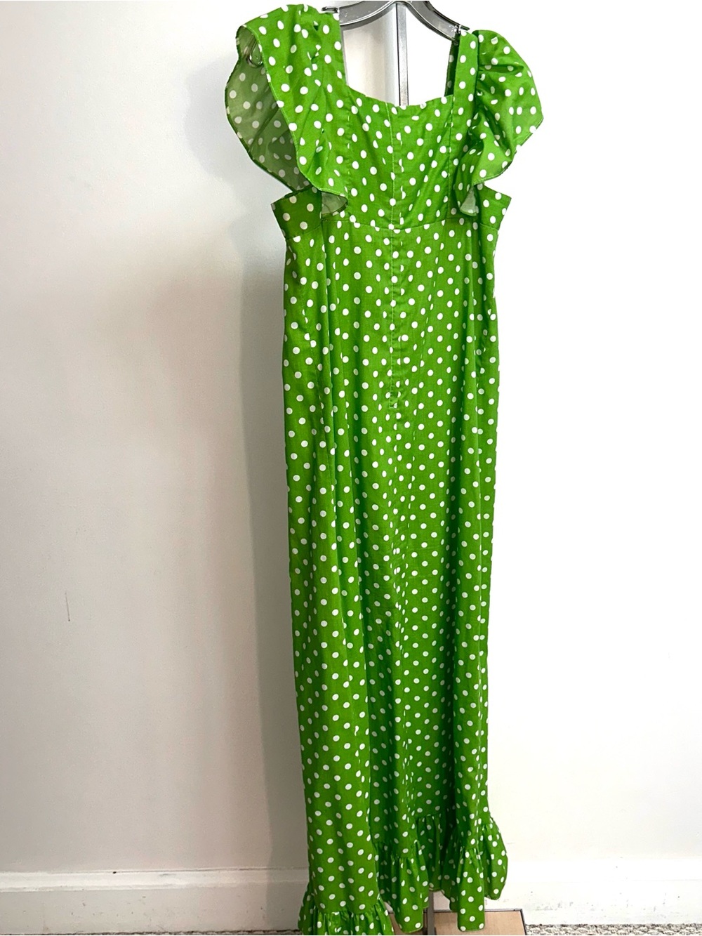 1970s Green Polka Dot Ruffled Maxi Dress